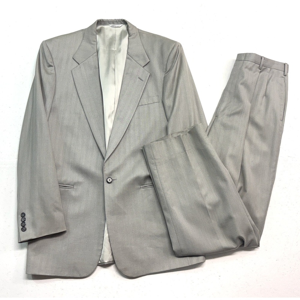 vtg 90s‎ Perry Ellis 44L 33x33 Light Gray Herringbone 2pc Pant Suit USA Pleated